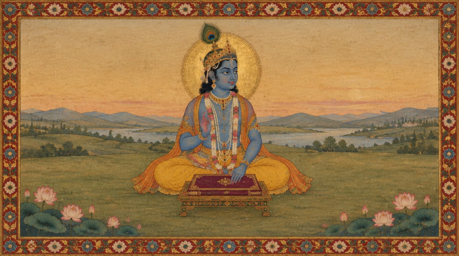A chariot halted between two armies at dawn, painted in the Kangra miniature style